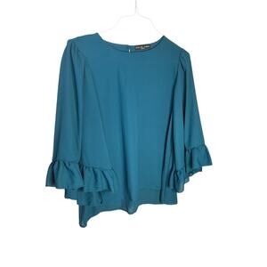 Kim & Cami Long Ruffle Sleeve Flare Blouse Round New Teal Womens Size Medium NEW